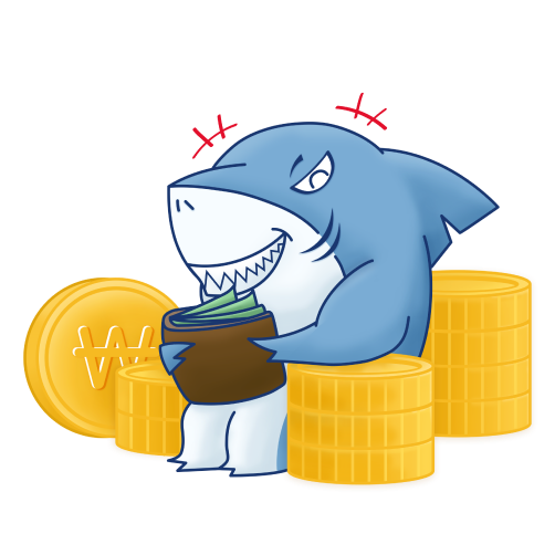 지페가 가득 들어 두꺼운 지갑을 들고 웃고 있는 상어 캐릭터